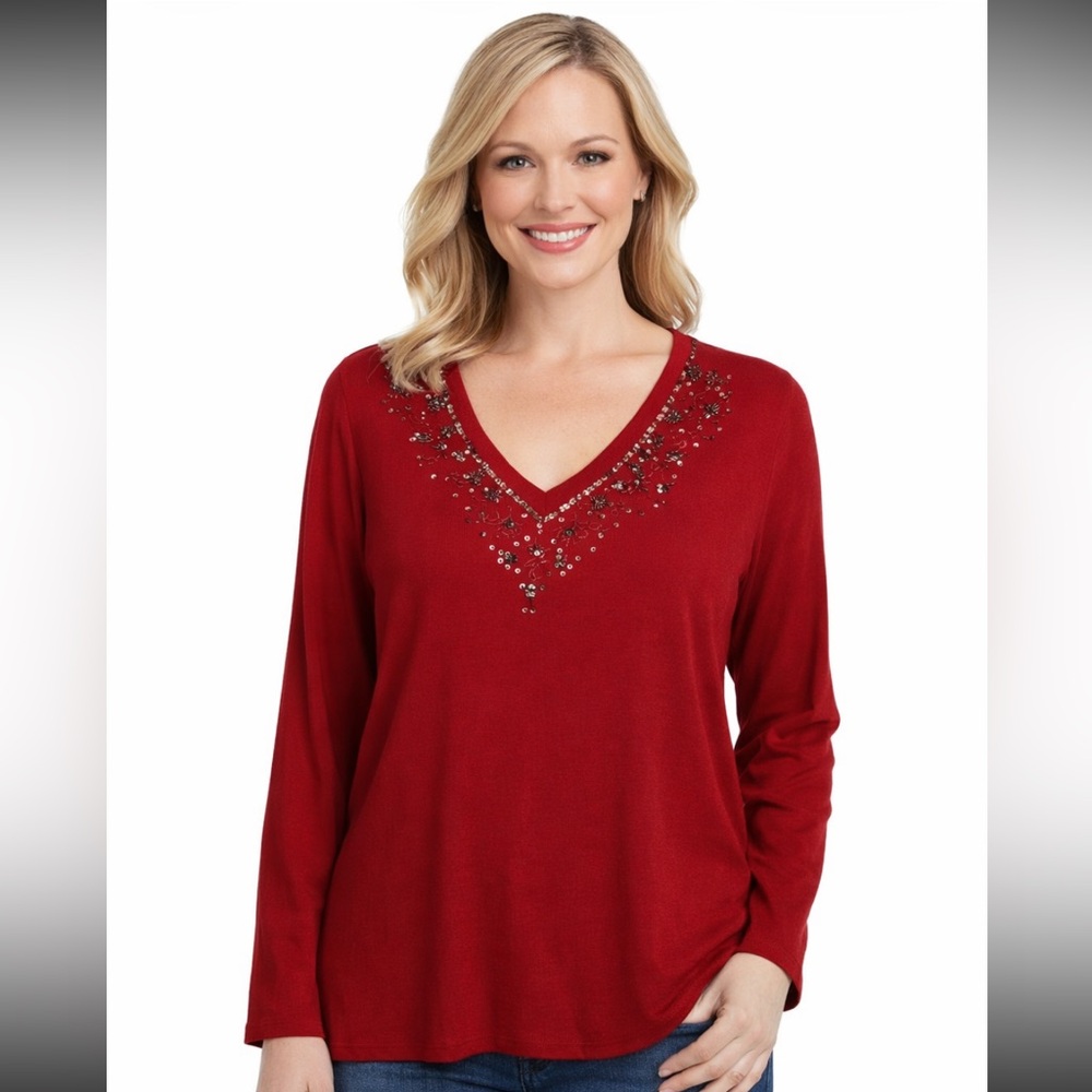 TanJay Womens Red Sweater Embellished Sequins Beaded Size Large‎